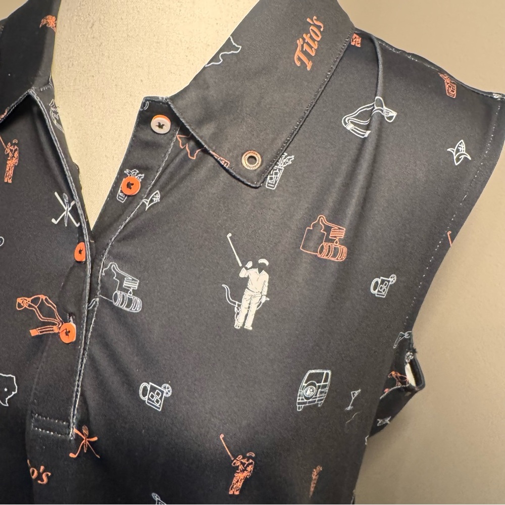 William Murray Tito’s Golf Sleeveless Polo Shirt Black Novelty Print Women L - Picture 2 of 9